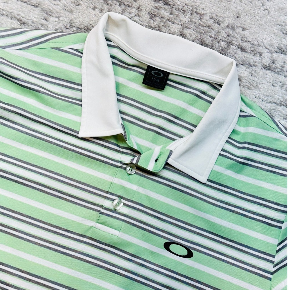 Y2K Oakley Polo Shirt Mens Medium Green Striped Short Sleeve Golf Athletic